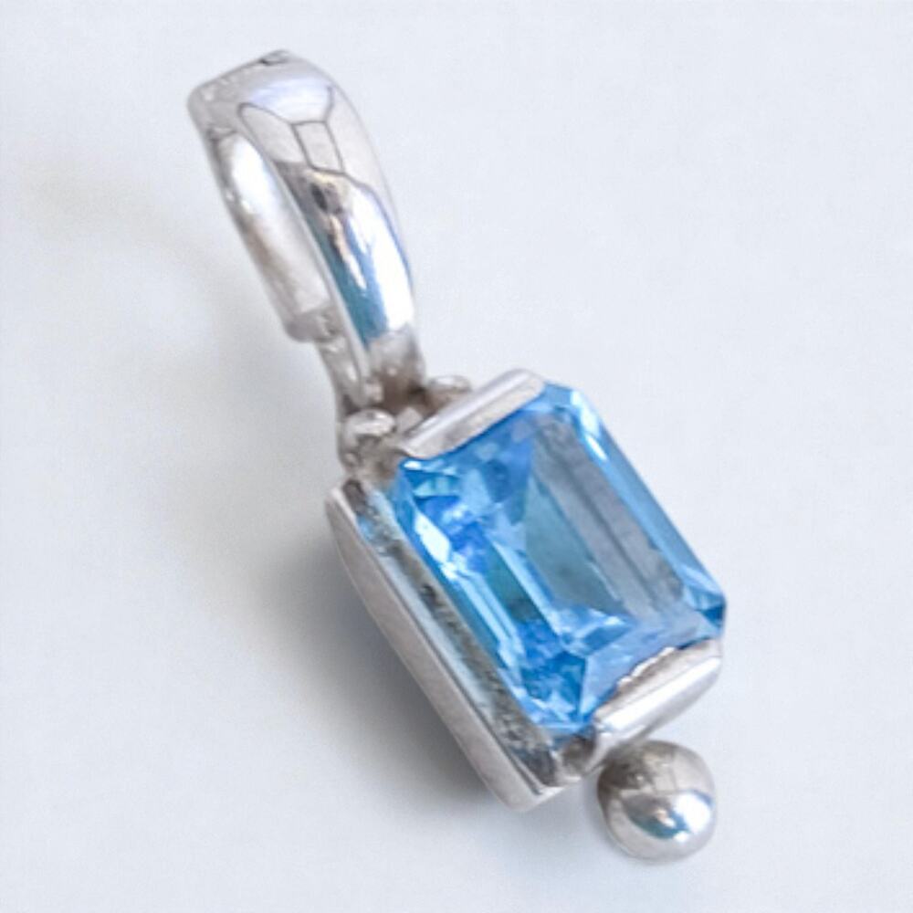 Blue Glass Rectangular Pendant Vintage Sterling Silver 925 Opening Clasp Charm